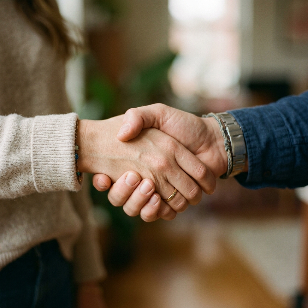 Primer plano de dos manos dándose un apretón amistoso, simulando la aceptación de una invitación en un entorno casual